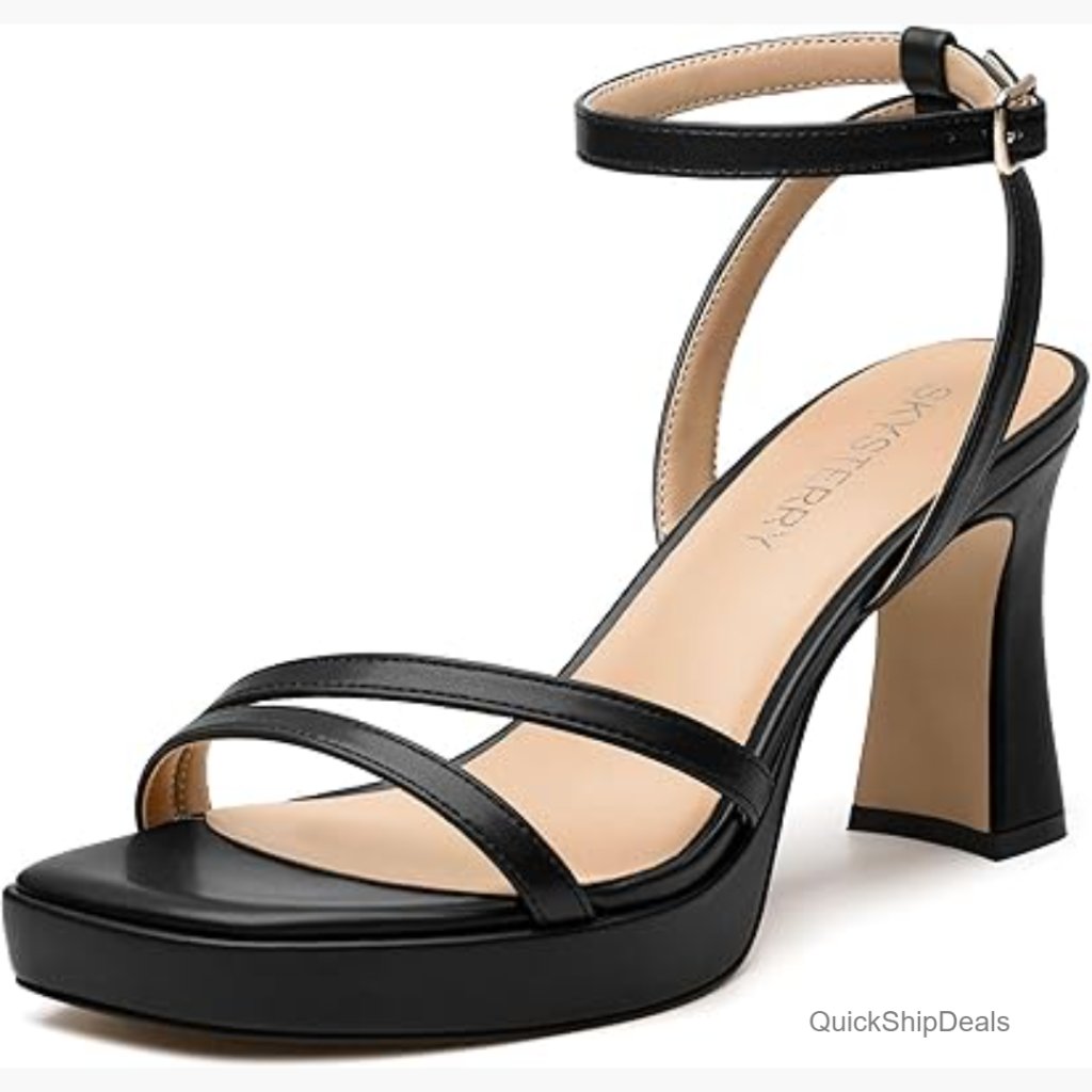 Strappy Platform Heels Chunky Block High Heeled Sandals Faux Leather